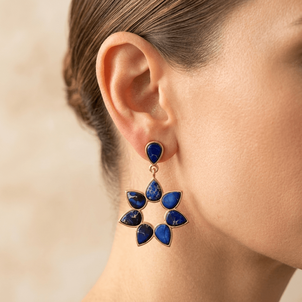Blue Lapis Gold Flower Drop Earrings