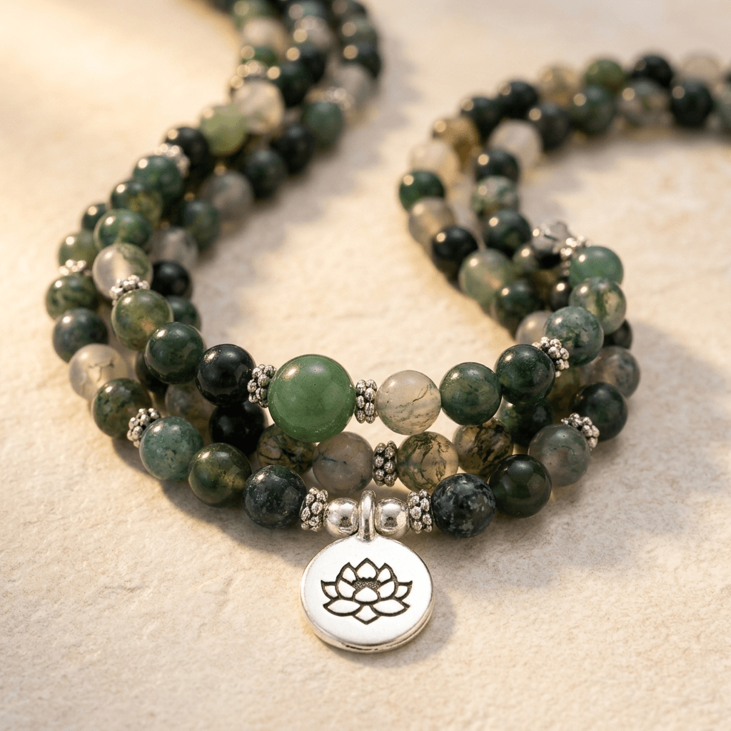 Green Moss Agate Stone Lotus Pendant Necklace