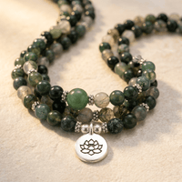 Green Moss Agate Stone Lotus Pendant Necklace