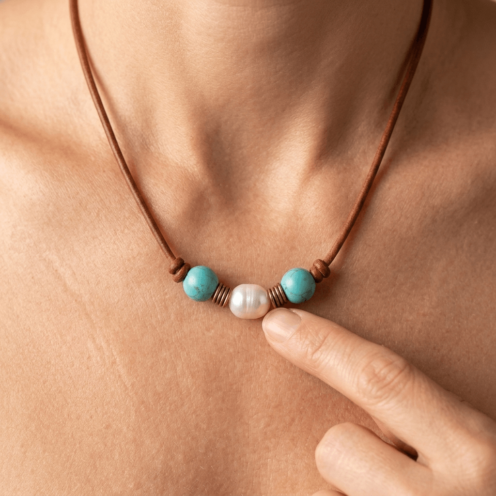Turquoise Pearl Leather Cord Necklace