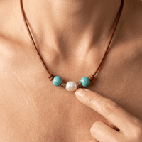 Turquoise Pearl Leather Cord Necklace
