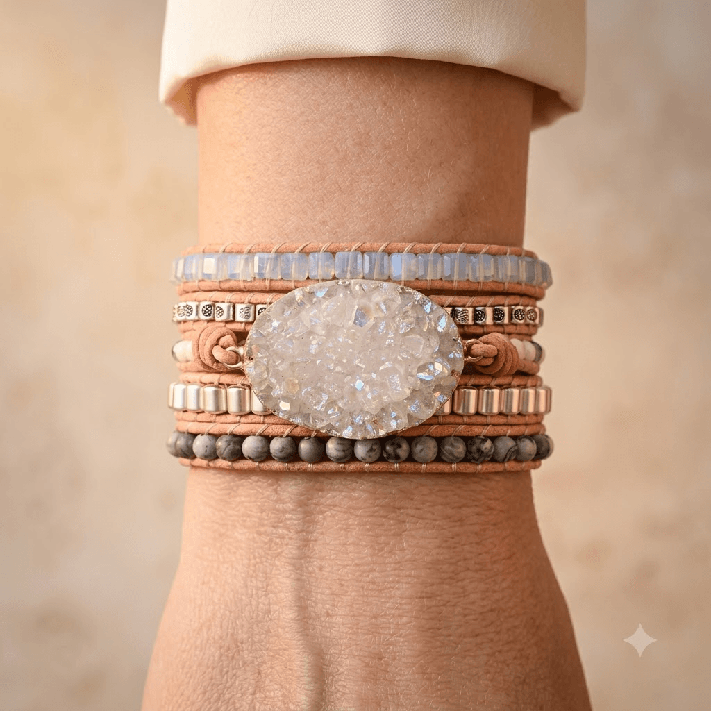Handmade Celestine Druzy Cork Wrap Bracelet
