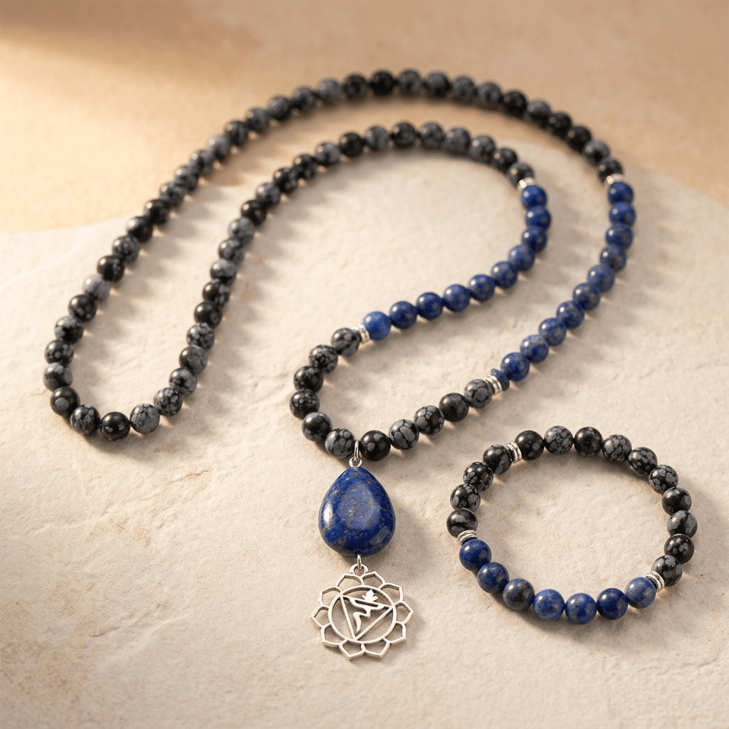 Snowflake Obsidian Lapis Lazuli Lotus Pendant Necklace