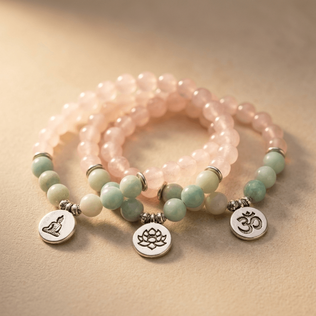 Rose Quartz Amazonite Silver Charm Bracelets
