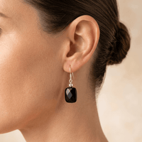 Black Onyx Faceted Square Silver Drop Earrings