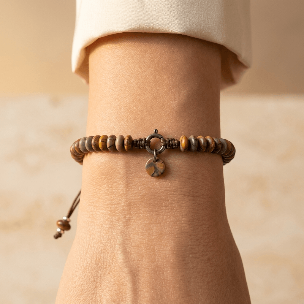 Natural Jasper Disc Beads Silver Accent Bracelet