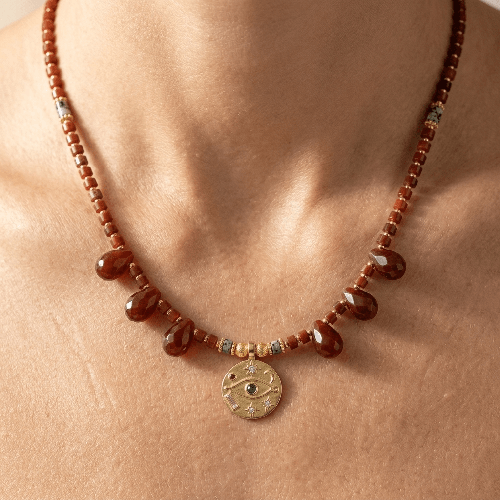 Red Jasper Gold Egyptian Eye Charm Necklace