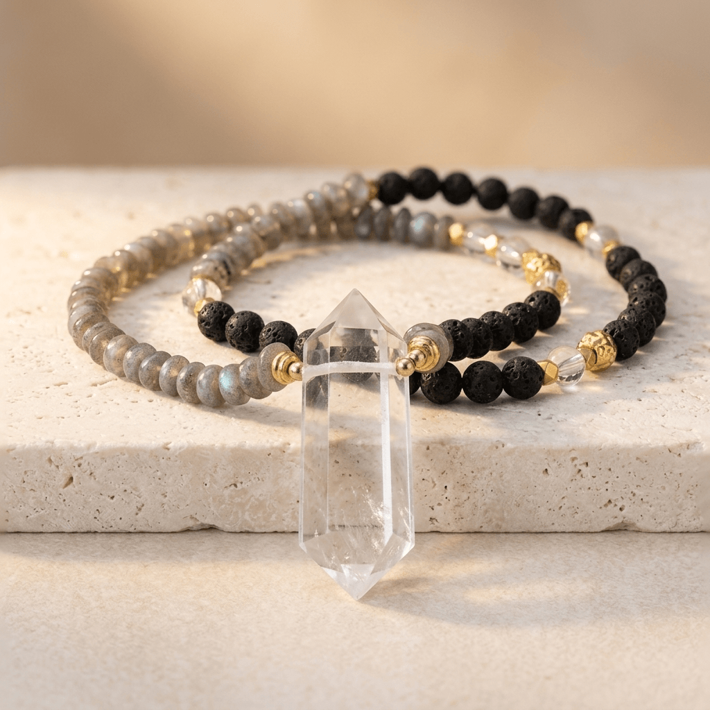 Natural Labradorite Lava Gold Pendant Necklace