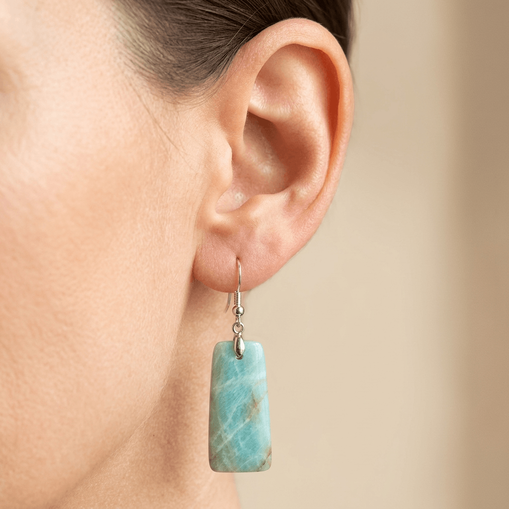 Natural Amazonite Silver Rectangle Drop Earrings