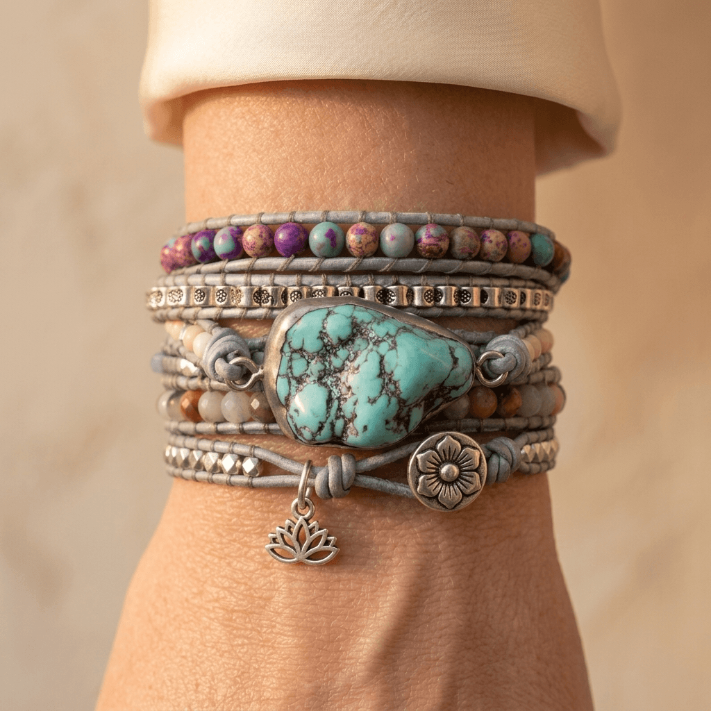 Boho Turquoise Silver Leather Wrap Bracelet