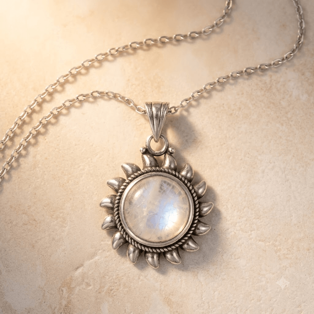 Sterling Silver Moonstone Sun Pendant Necklace