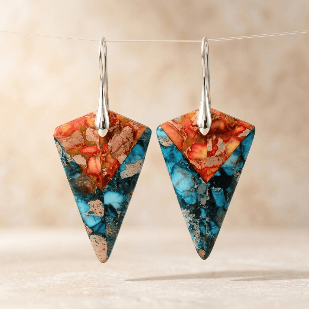Vibrant Blue Orange Jasper Triangle Earrings