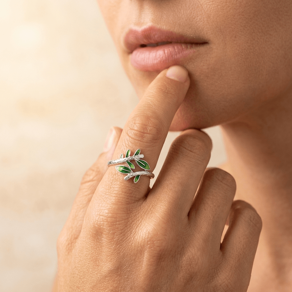 Green Leaf Silver Branch Ring Adjustable