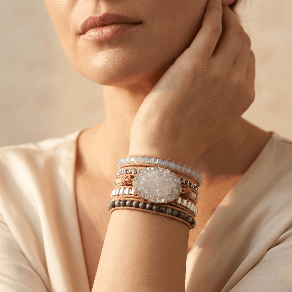 Handmade Celestine Druzy Cork Wrap Bracelet