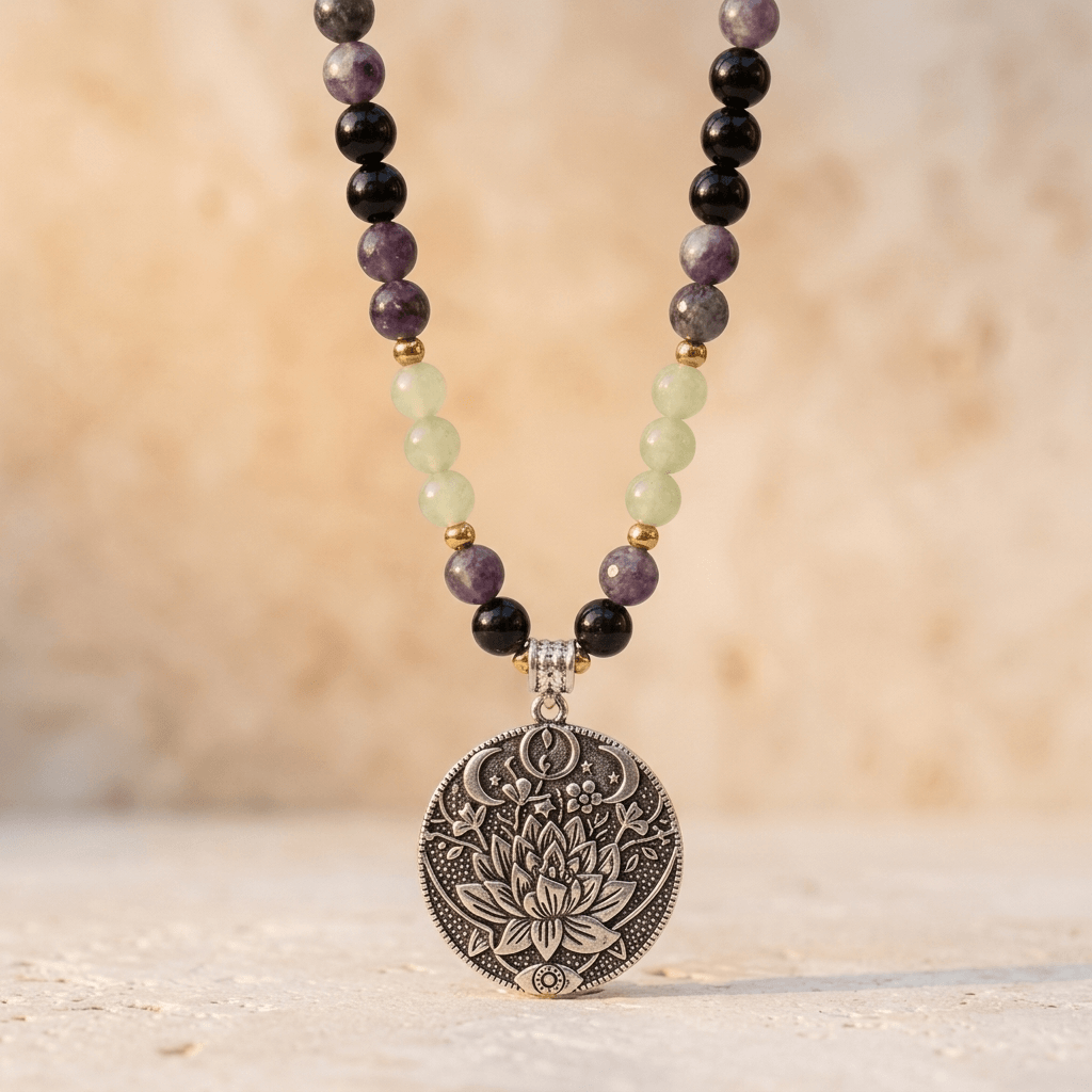 Amethyst Green Aventurine Black Onyx Mala Necklace