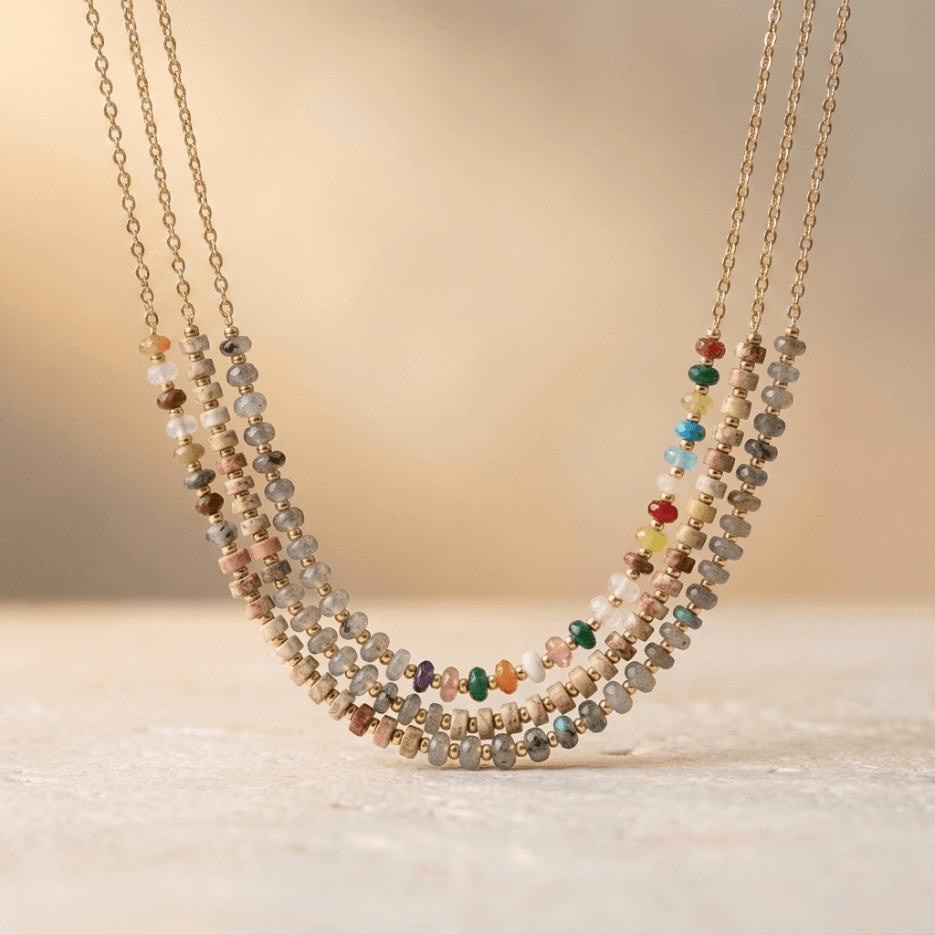 Colorful Gemstone Gold Beaded Layered Necklace