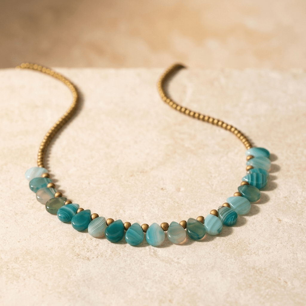 Green Onyx Brass Beaded Long Necklace