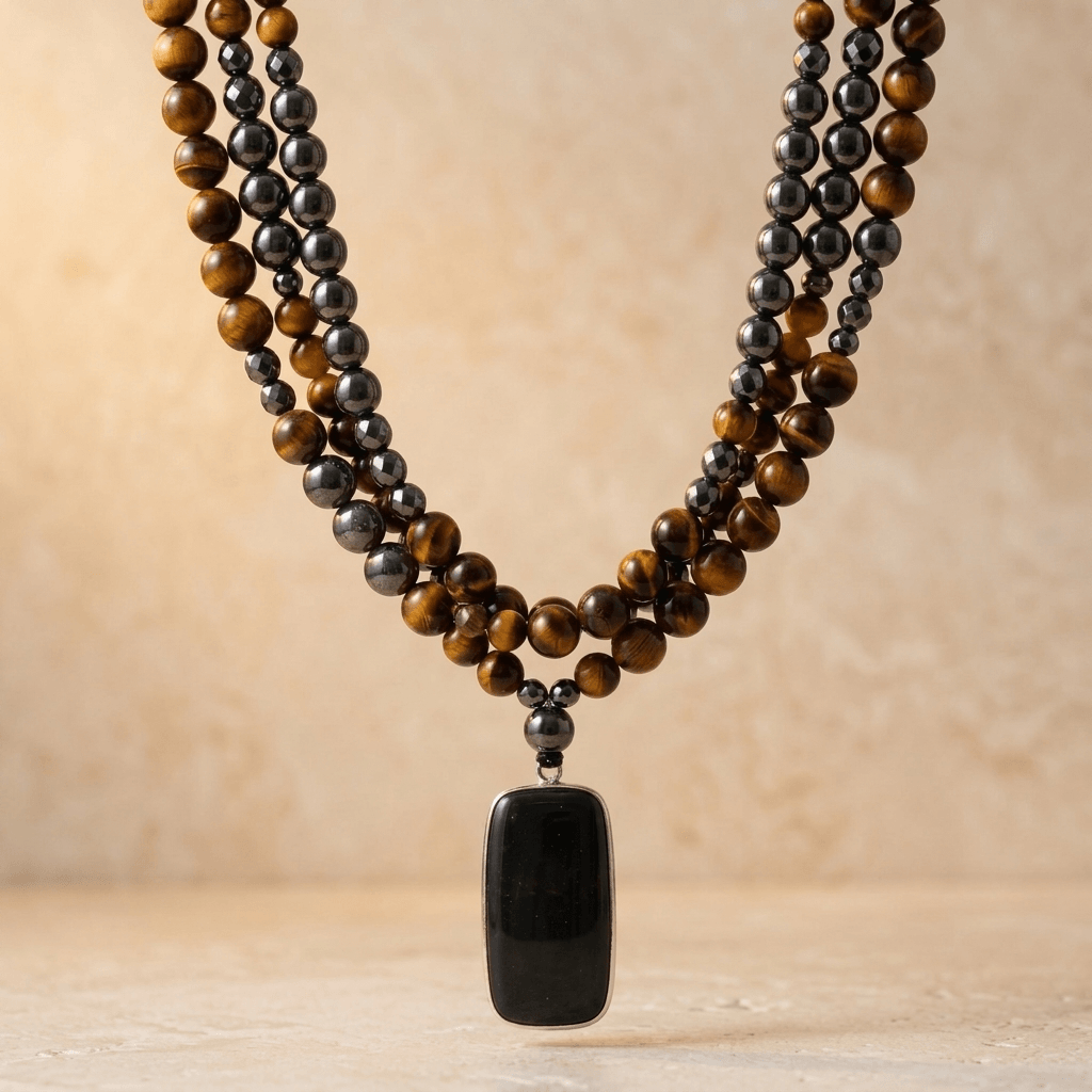 Tiger Eye Hematite Black Onyx Beaded Necklace