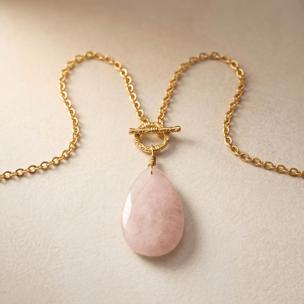 Rose Quartz Teardrop Gold Toggle Necklace