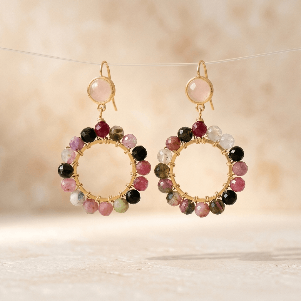 Multicolor Tourmaline Gold Beaded Circle Earrings