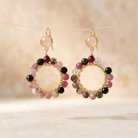 Multicolor Tourmaline Gold Beaded Circle Earrings