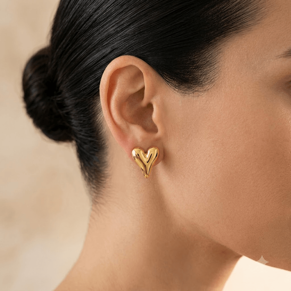 Gold Puffy Heart Stud Earrings