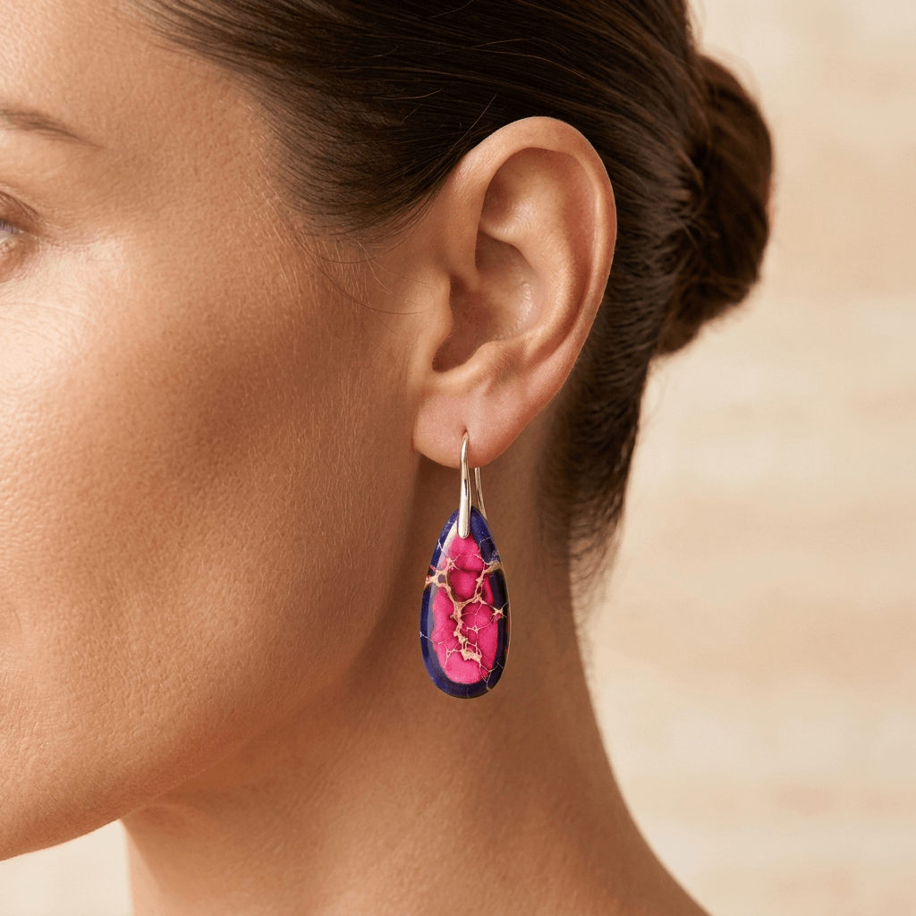 Pink Navy Imperial Jasper Teardrop Silver Earrings