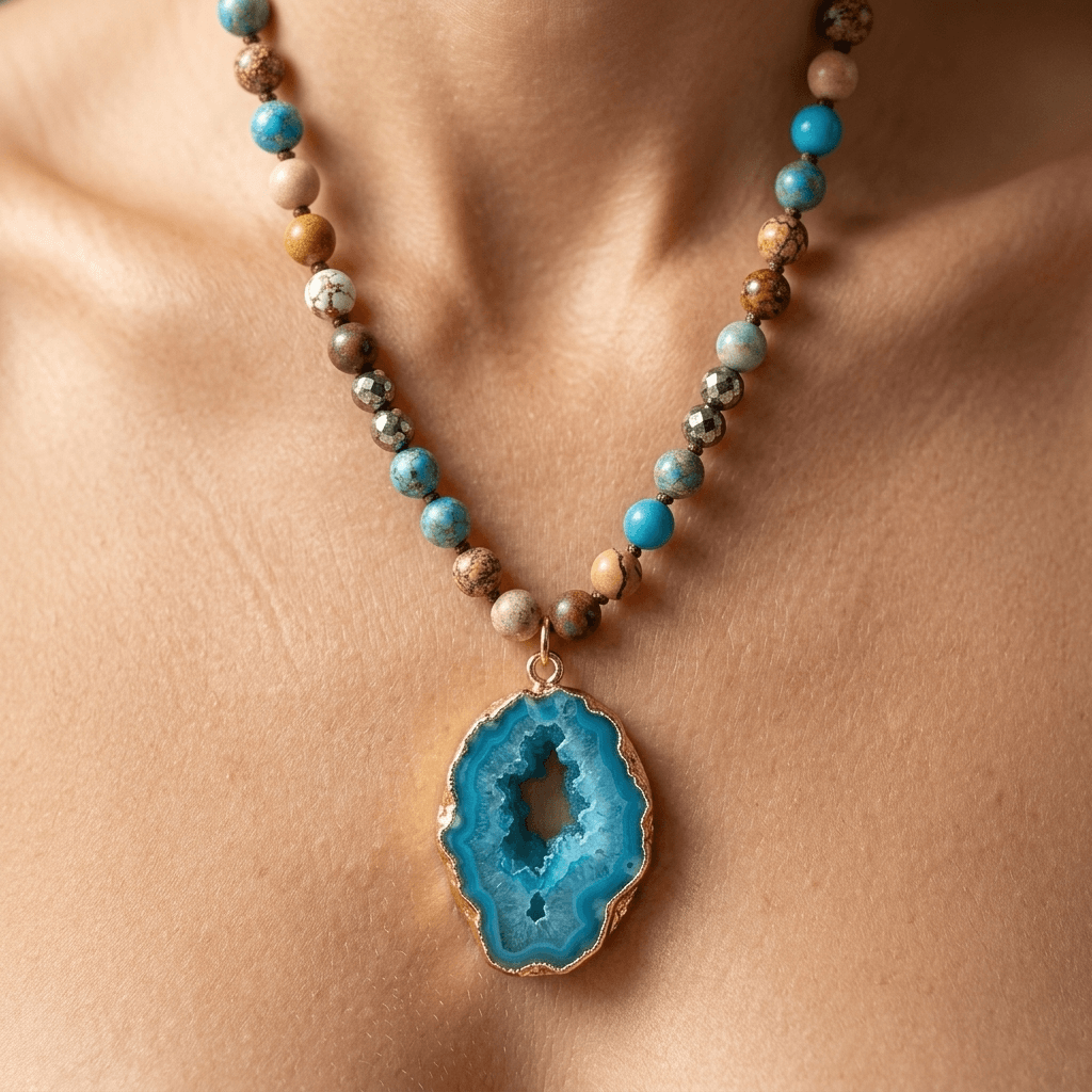 Blue Agate Gold Druzy Pendant Necklace