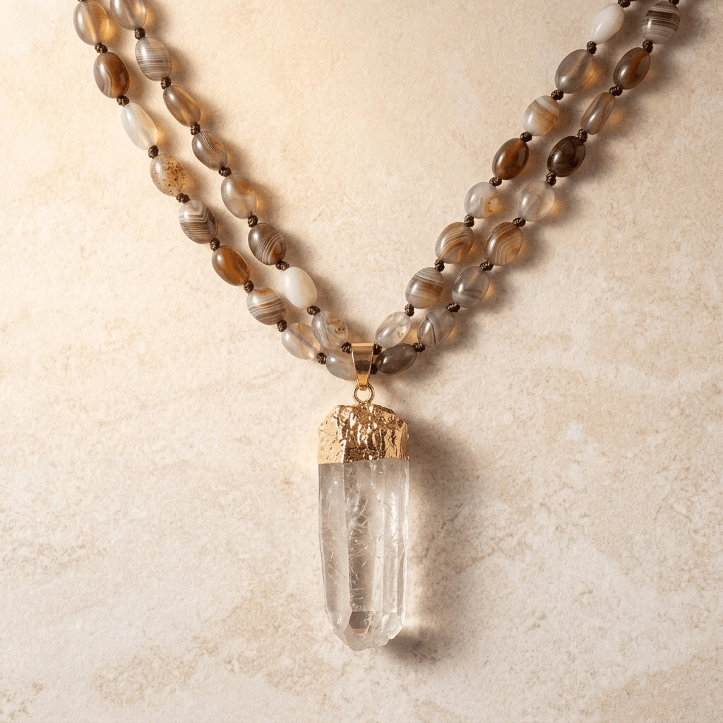 Natural Agate Gold Quartz Point Necklace