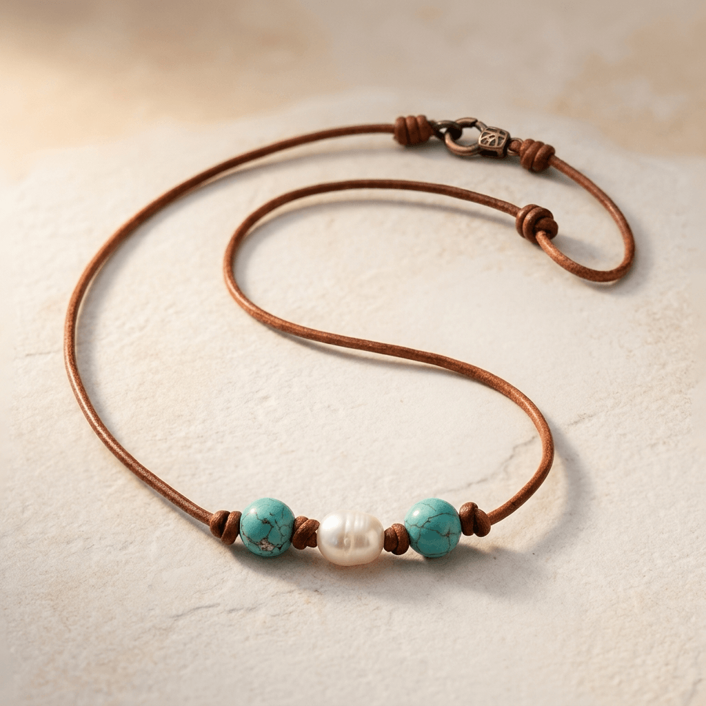 Turquoise Pearl Leather Cord Necklace