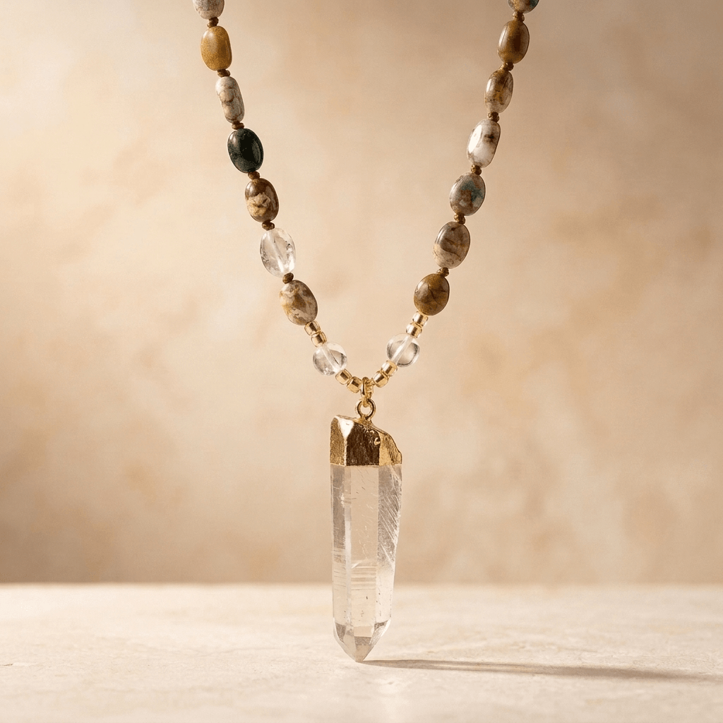 Natural Ocean Jasper Gold Clear Quartz Pendant Necklace