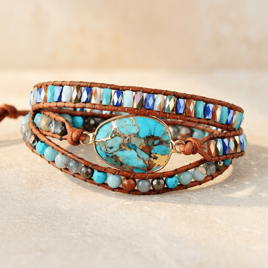Turquoise Leather Wrap Beaded Bracelet