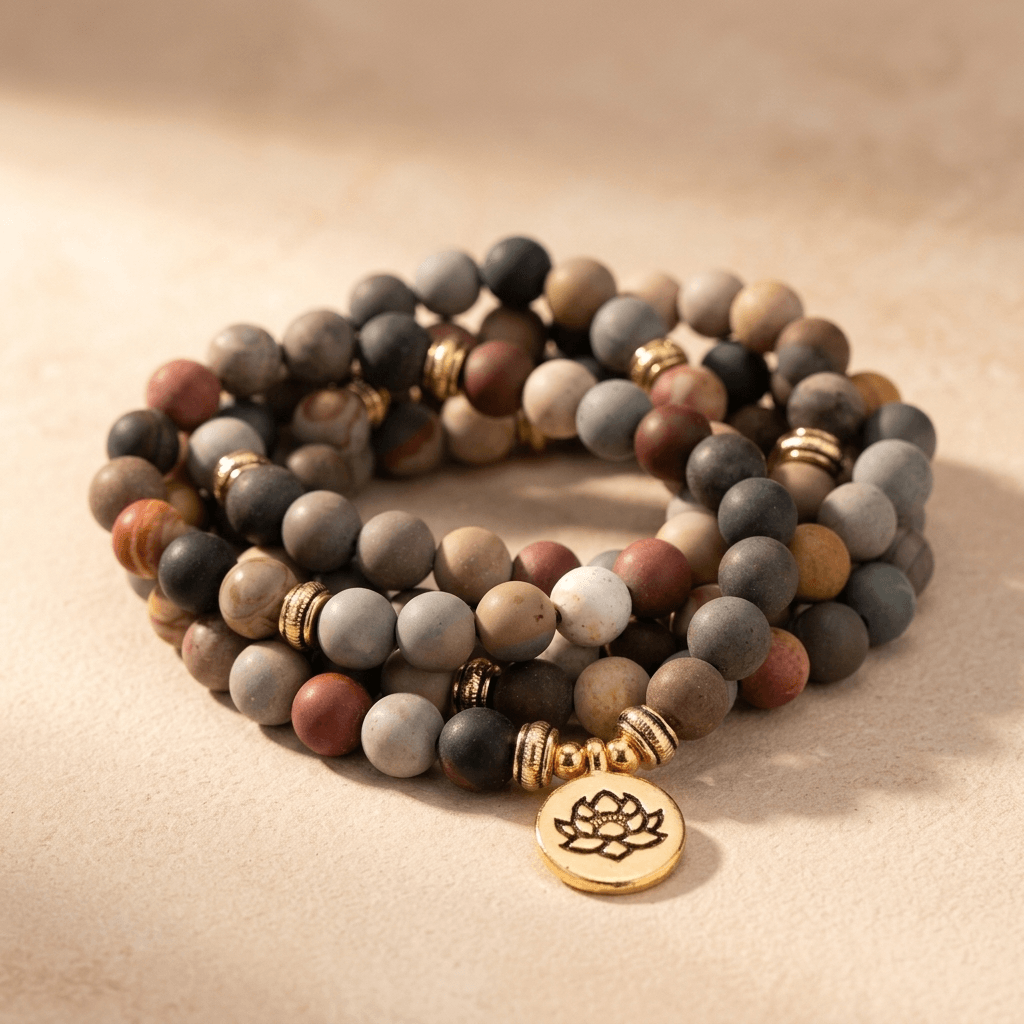 Matte Natural Jasper Beaded Lotus Charm Bracelet