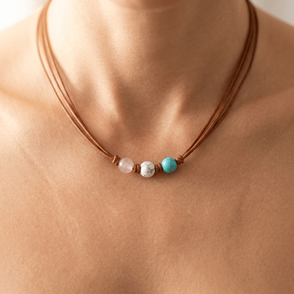 Boho Leather Rose Quartz Turquoise Bead Necklace