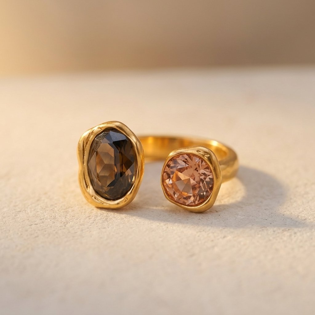 Gold Smoky Quartz Peach Tourmaline Ring