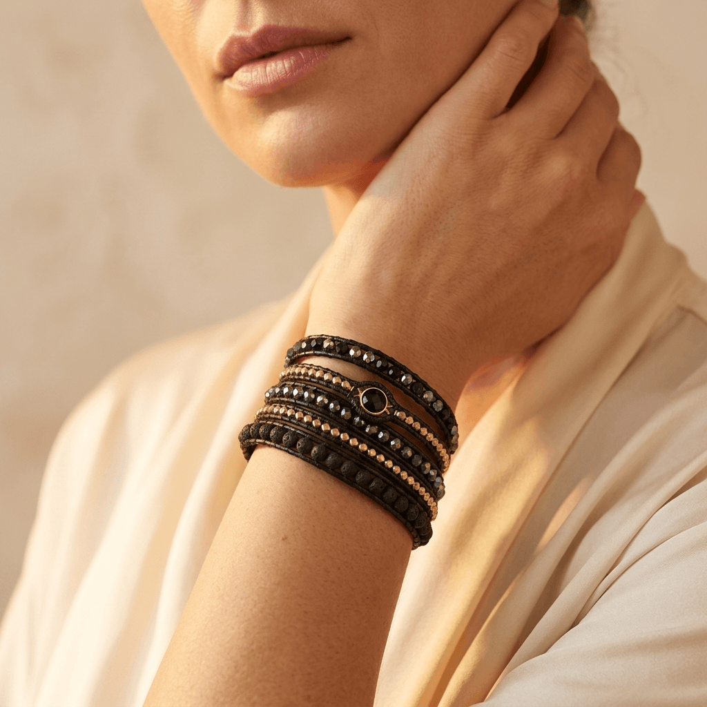 Black Lava Stone Hematite Wrap Bracelet