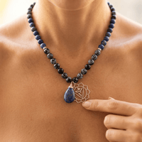 Snowflake Obsidian Lapis Lazuli Lotus Pendant Necklace