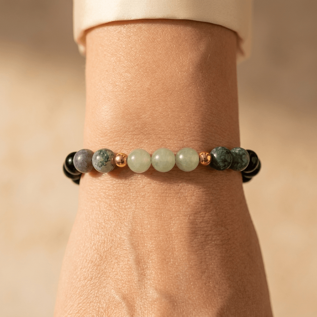 Natural Stone Beaded Bracelet With Gold Accents