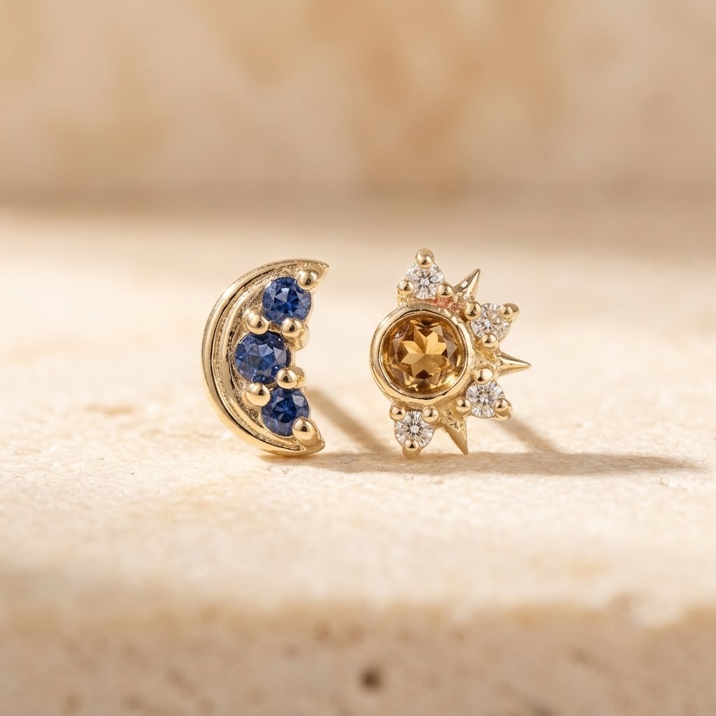 Gold Moon Sun Cubic Zirconia Stud Earrings