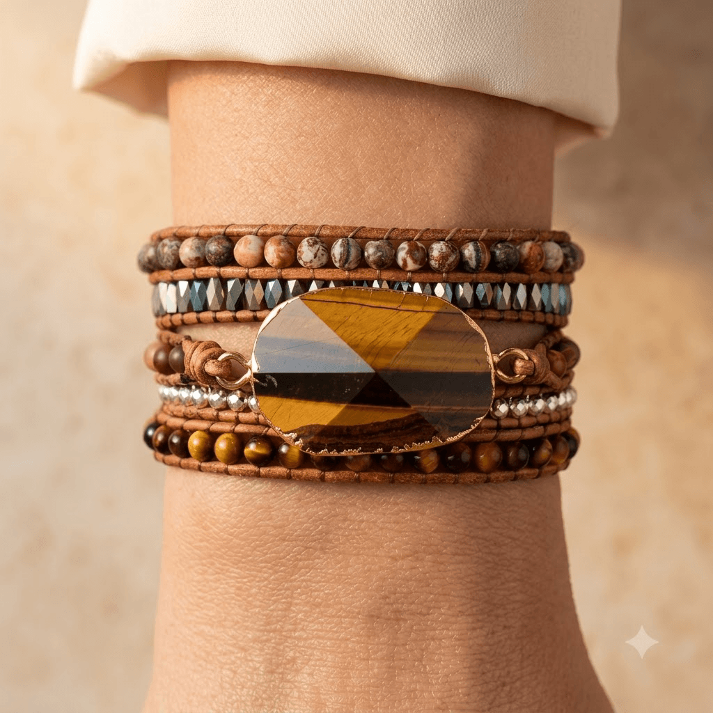 Natural Tiger Eye Jasper Beaded Wrap Bracelet