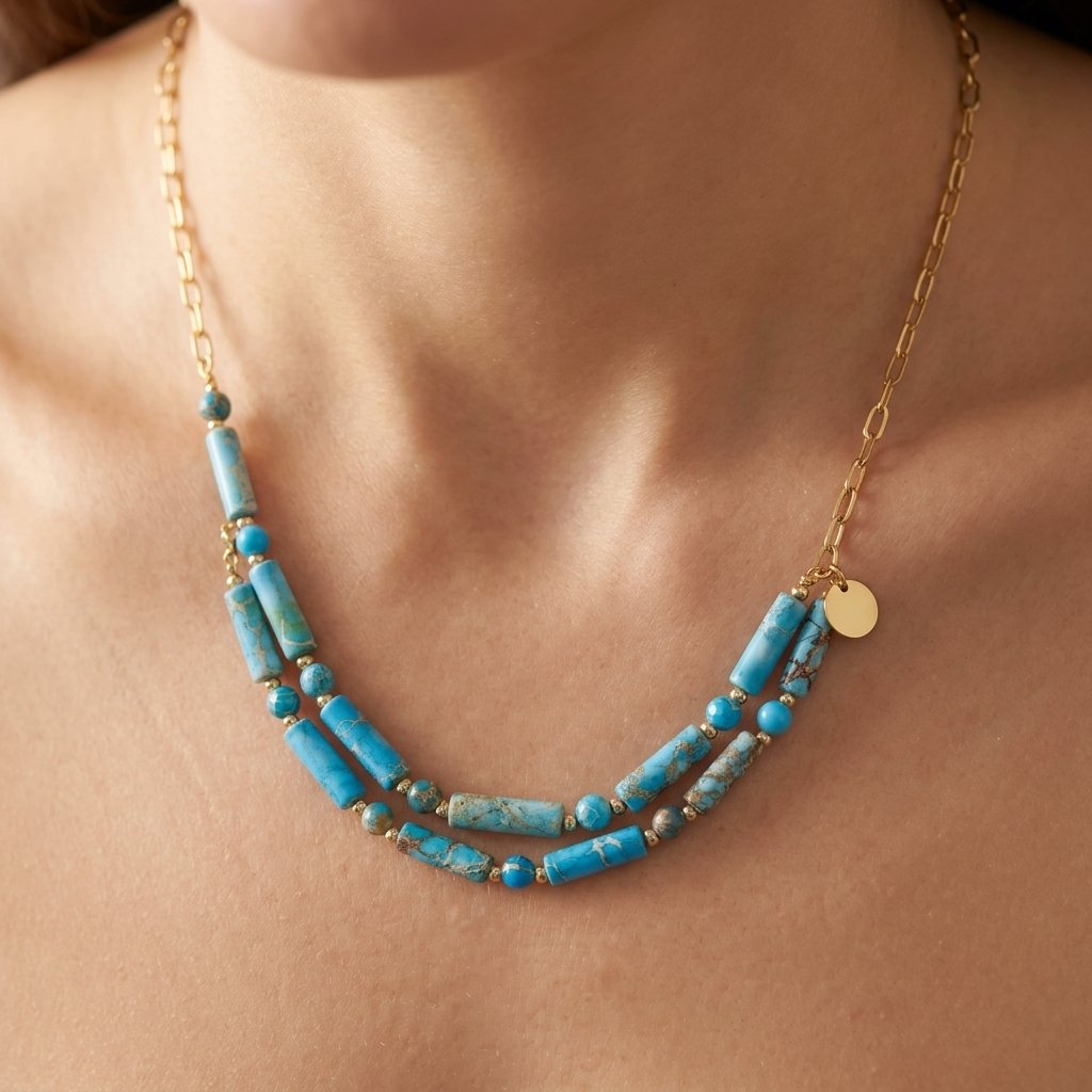 Boho Gold Turquoise Barrel Bead Necklace