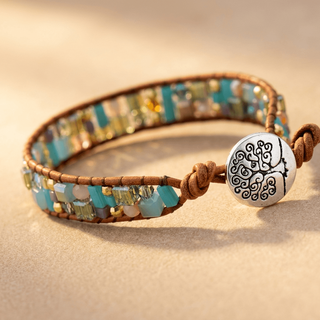 Boho Beaded Leather Tree of Life Wrap Bracelet