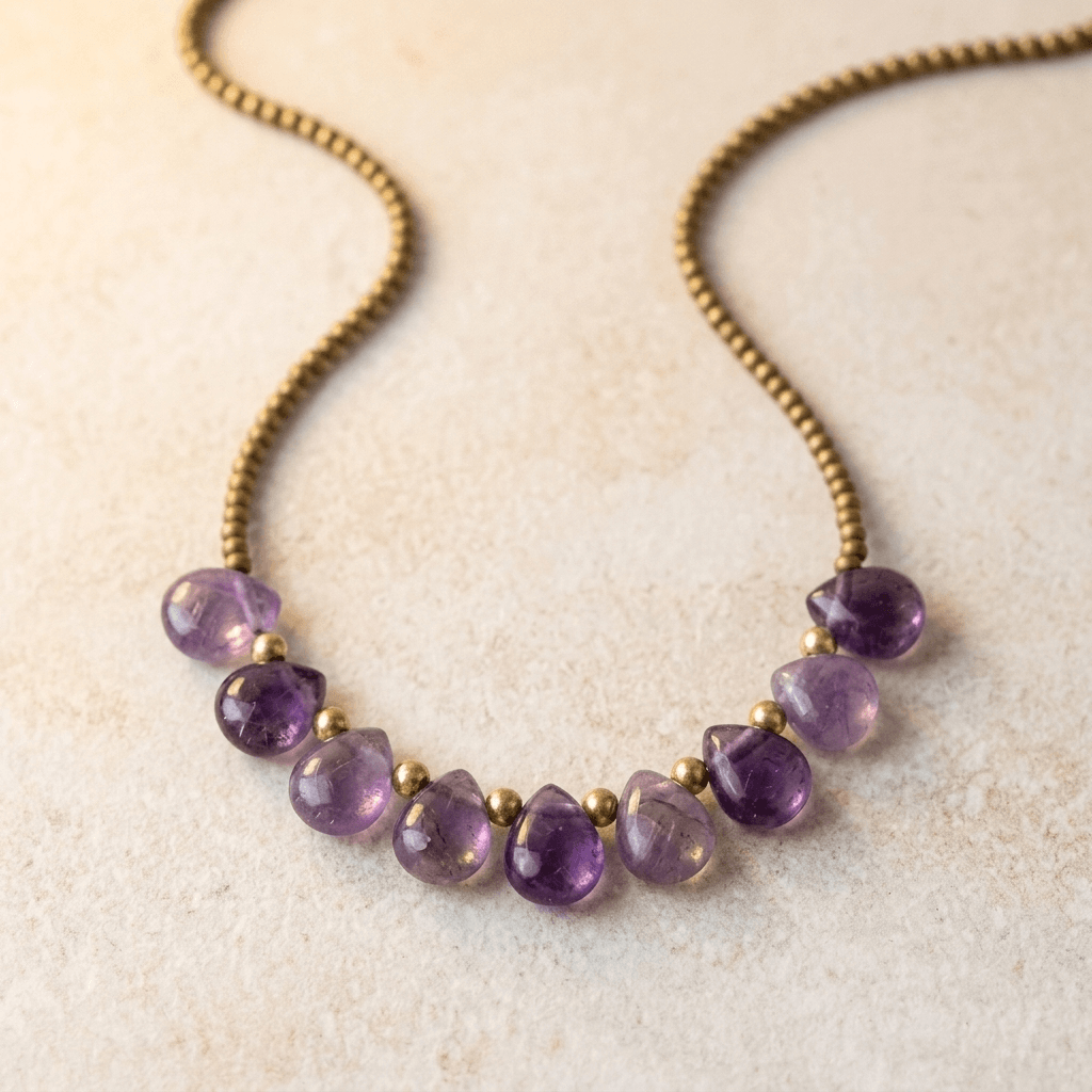 Amethyst Teardrop Brass Bead Necklace