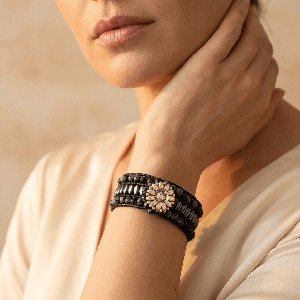 Black Snowflake Obsidian Hematite Beaded Wrap Bracelet