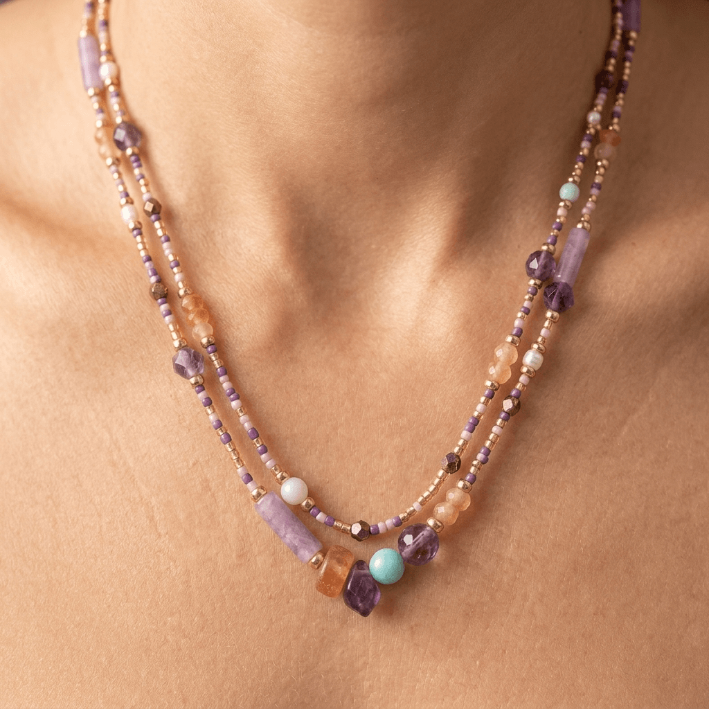 Amethyst Purple Gold Beaded Layered Necklace