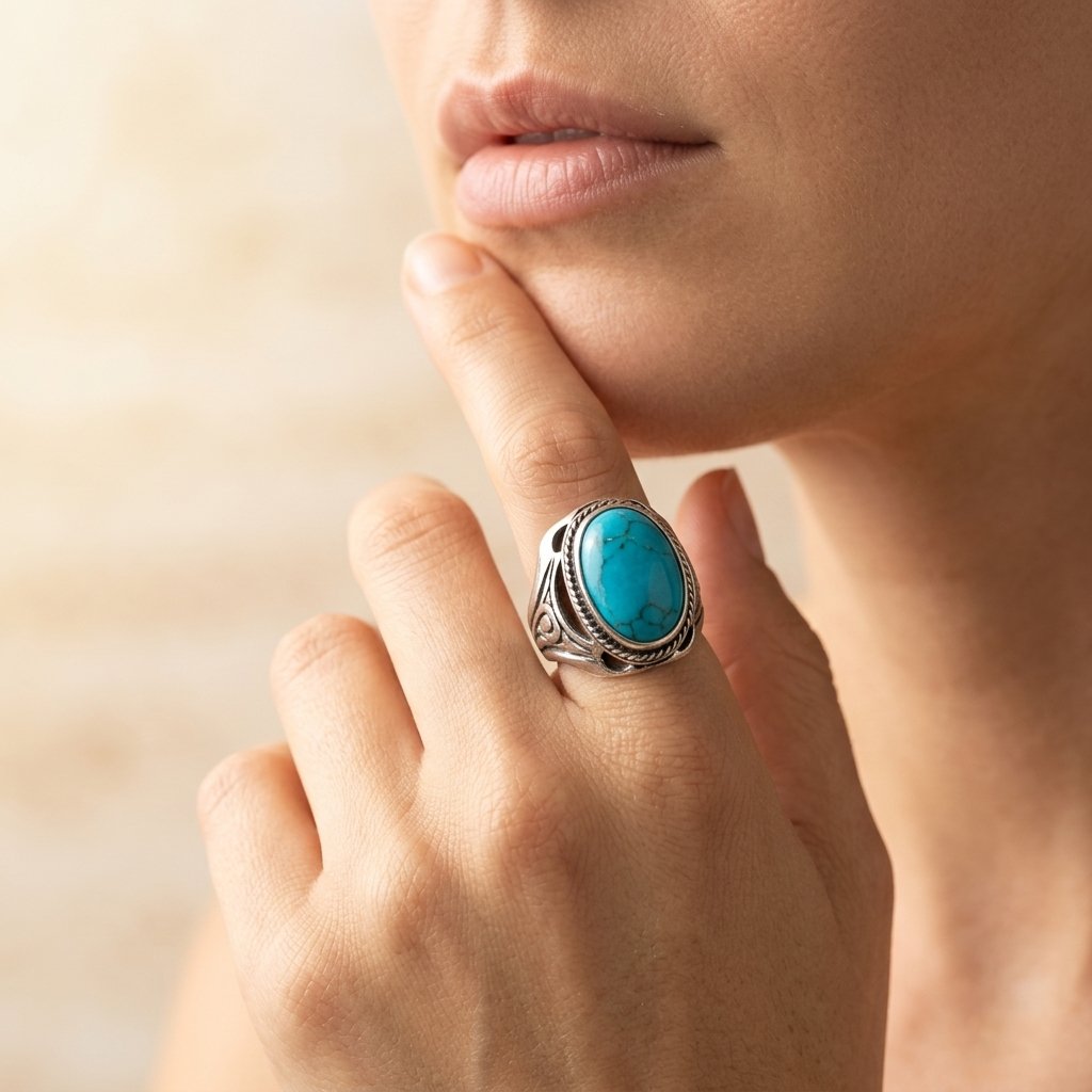 Boho Silver Irregular Oval Gemstone Inlay Ring