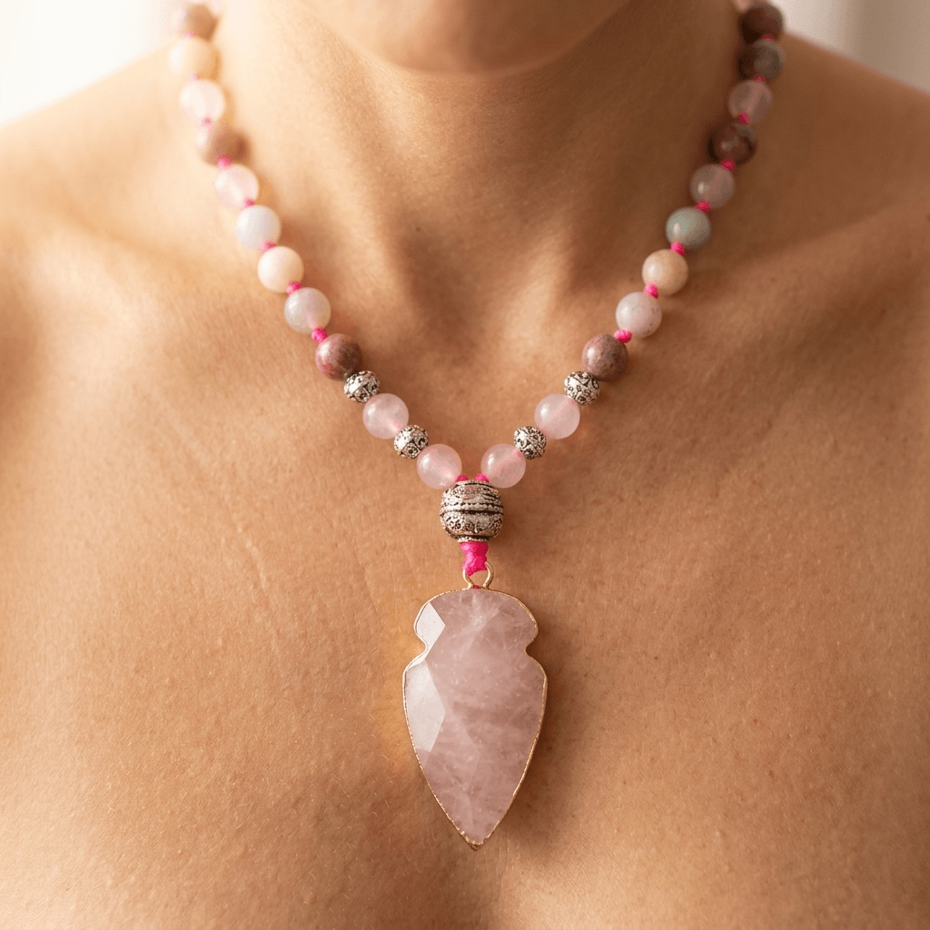 Natural Rose Quartz Arrowhead Beaded Necklace