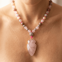 Natural Rose Quartz Arrowhead Beaded Necklace