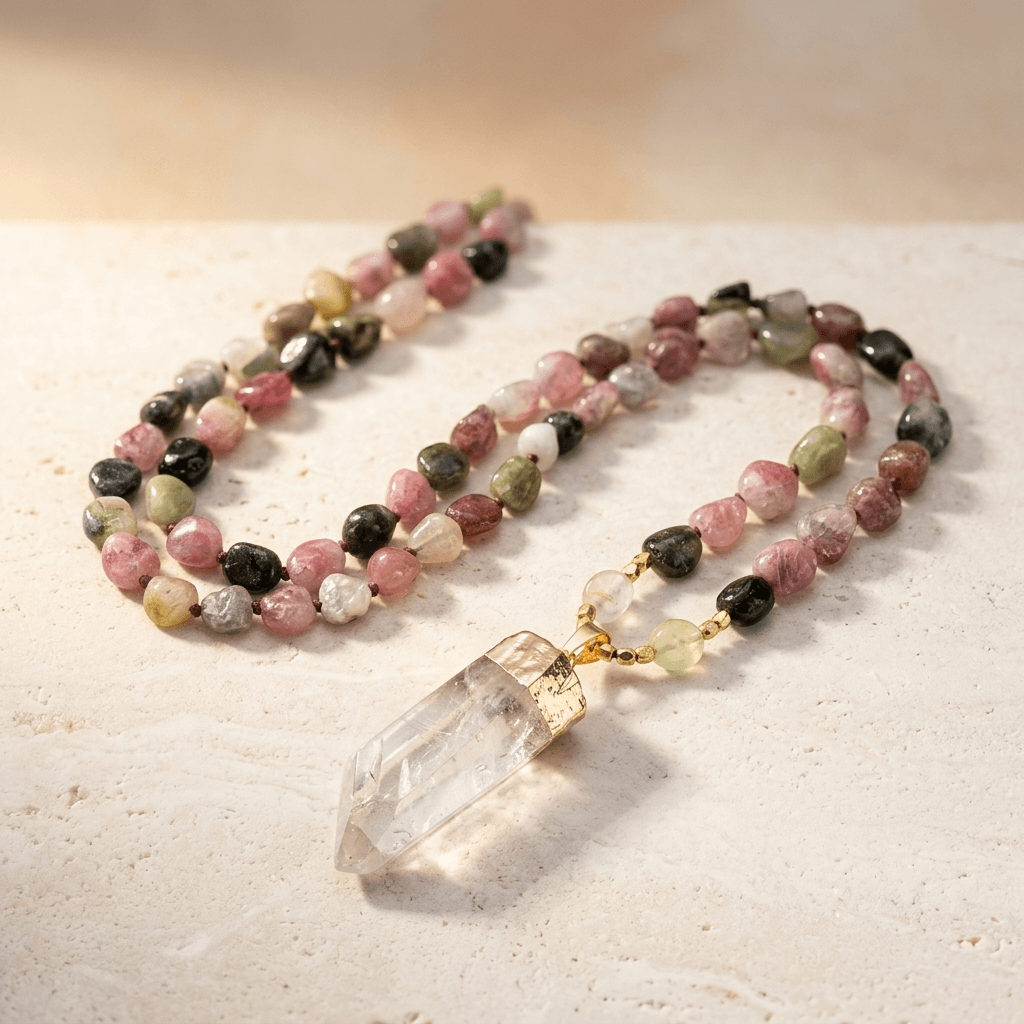 Natural Tourmaline Clear Quartz Gold Pendant Necklace