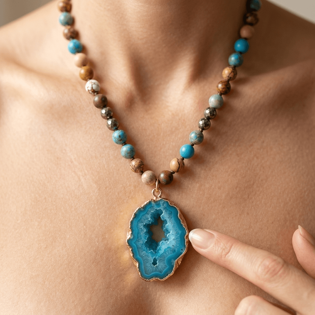 Blue Agate Gold Druzy Pendant Necklace